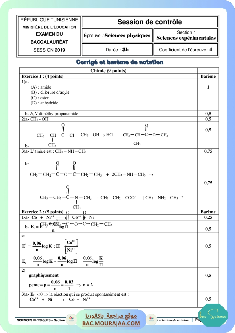 Corrigé controle physique Bac 2019 – Section science